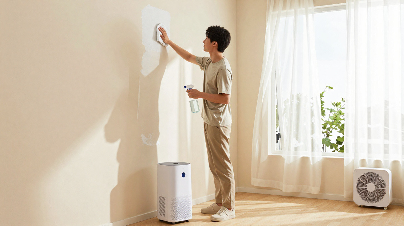 Man cleaning a beige wall with a spray bottle and cloth in a sunlit room with air purifiers.