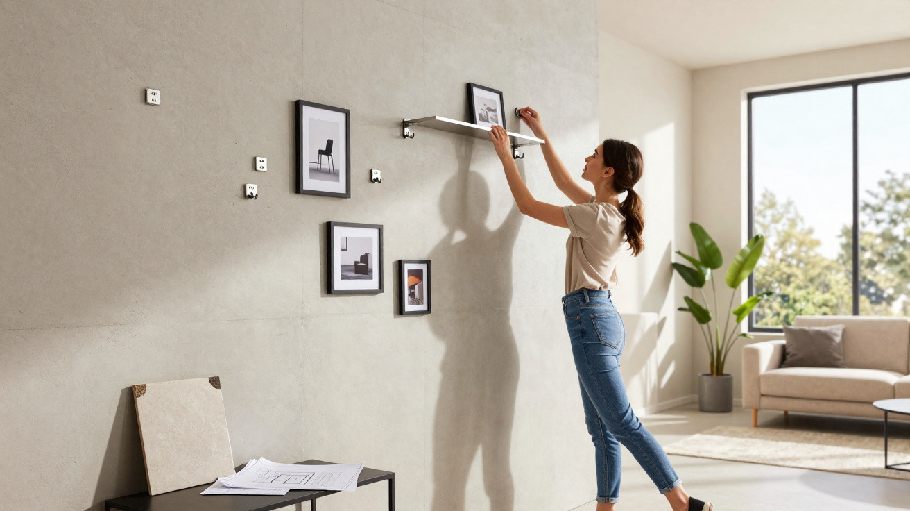 Woman installing a wall shelf in a bright, modern living room with framed pictures and large window.