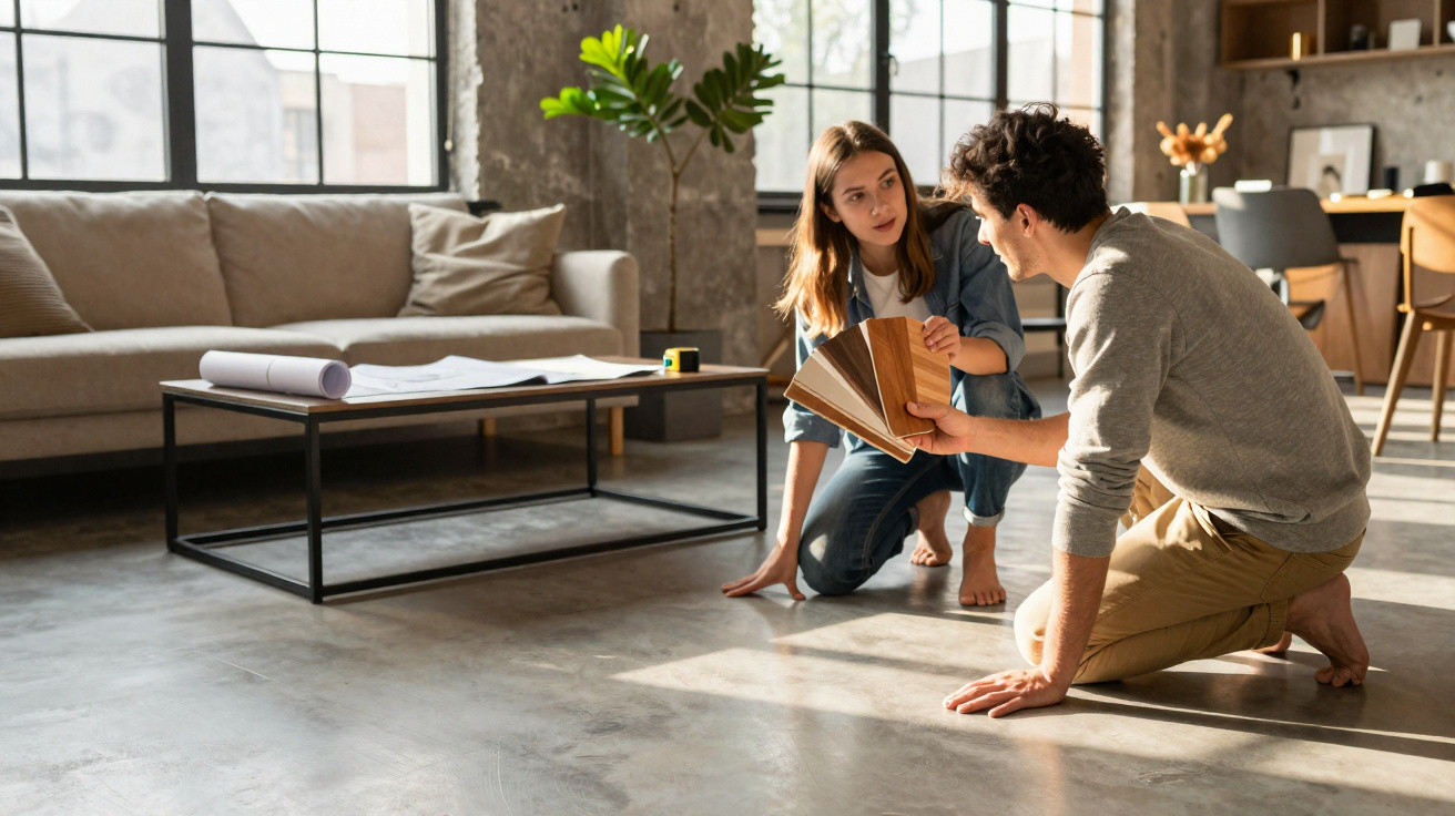 Couple kneeling on floor comparing wooden flooring samples in a bright, modern living room.