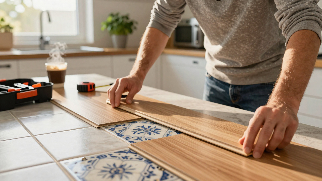 Person installing wooden flooring panels over decorative blue and white tiled floor in a kitchen.