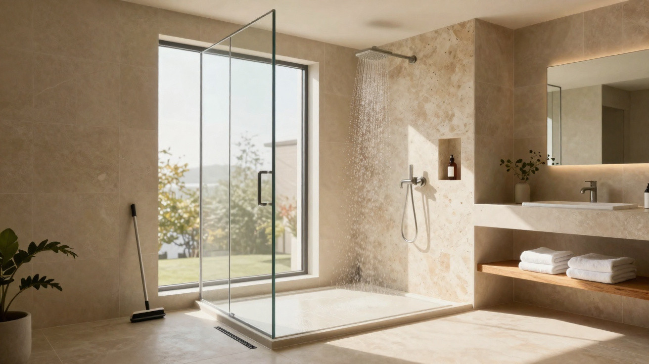 Modern bathroom with walk-in glass shower, large window, beige tiles, wooden shelf, and potted plant.