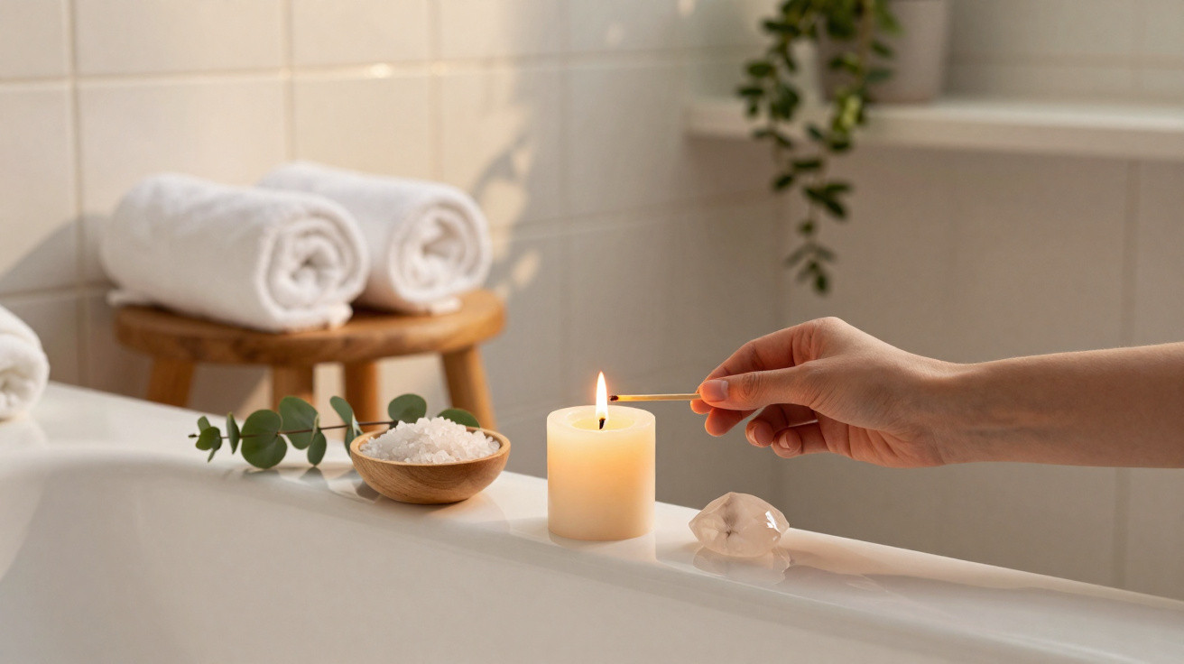 Hand lighting a candle beside a bowl of bath salts and eucalyptus on a bathtub edge with rolled towels in background.