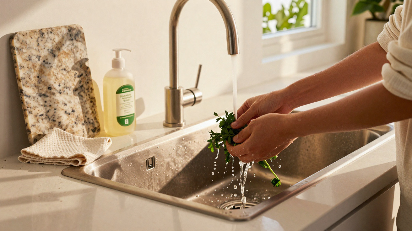 Person washing fresh herbs under running water in a modern kitchen sink with soap and towel nearby.