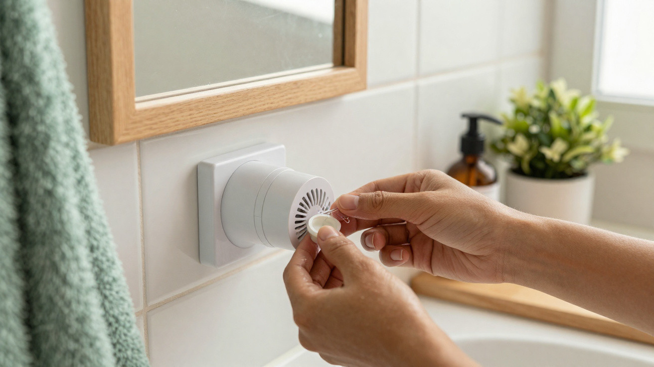Hands inserting a refill tablet into a plug-in air freshener in a bathroom with towel and plant nearby.