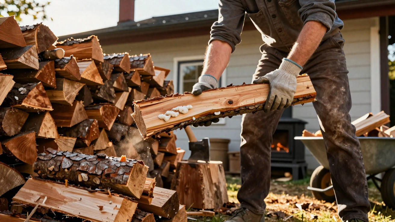 Person stacking freshly chopped firewood outdoors next to a pile in gloves and workwear.
