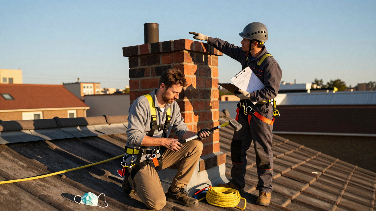 Two workers wearing safety harnesses inspecting a chimney on a rooftop during daytime.
