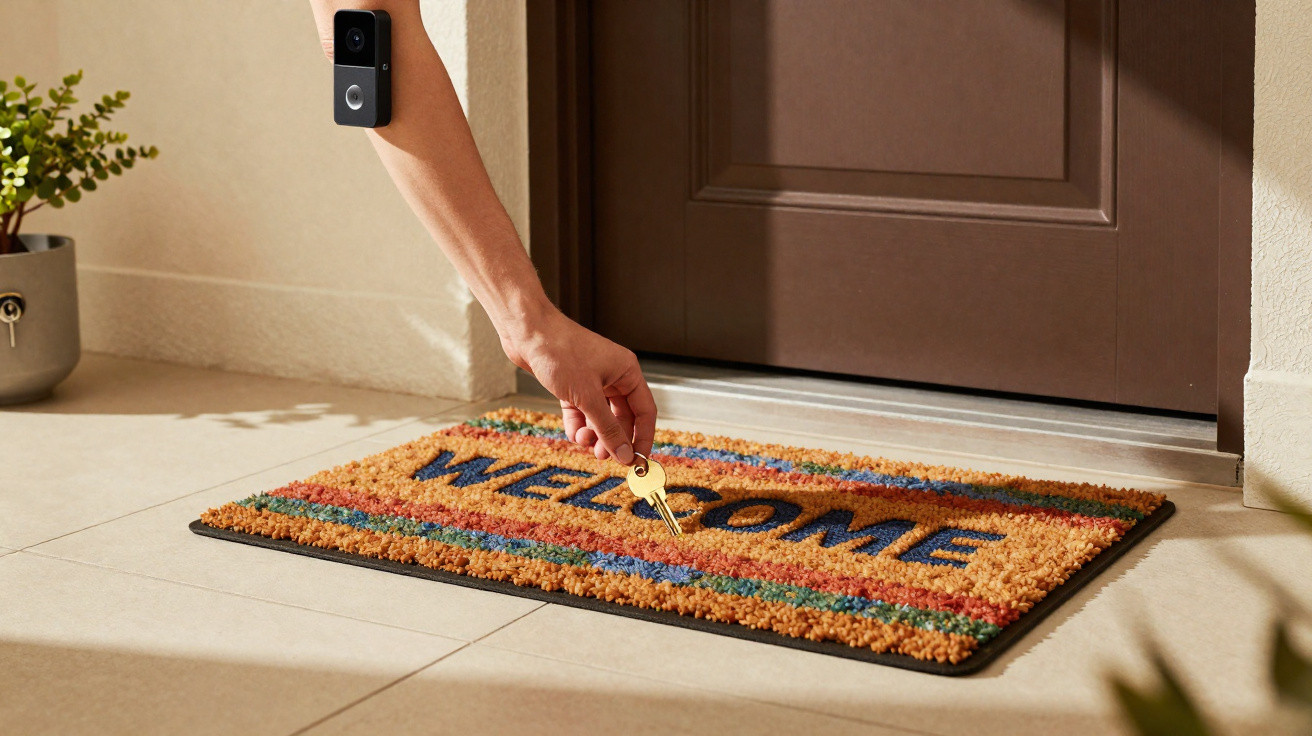 Hand placing a key on a colourful welcome doormat in front of a closed brown door with a doorbell camera nearby.