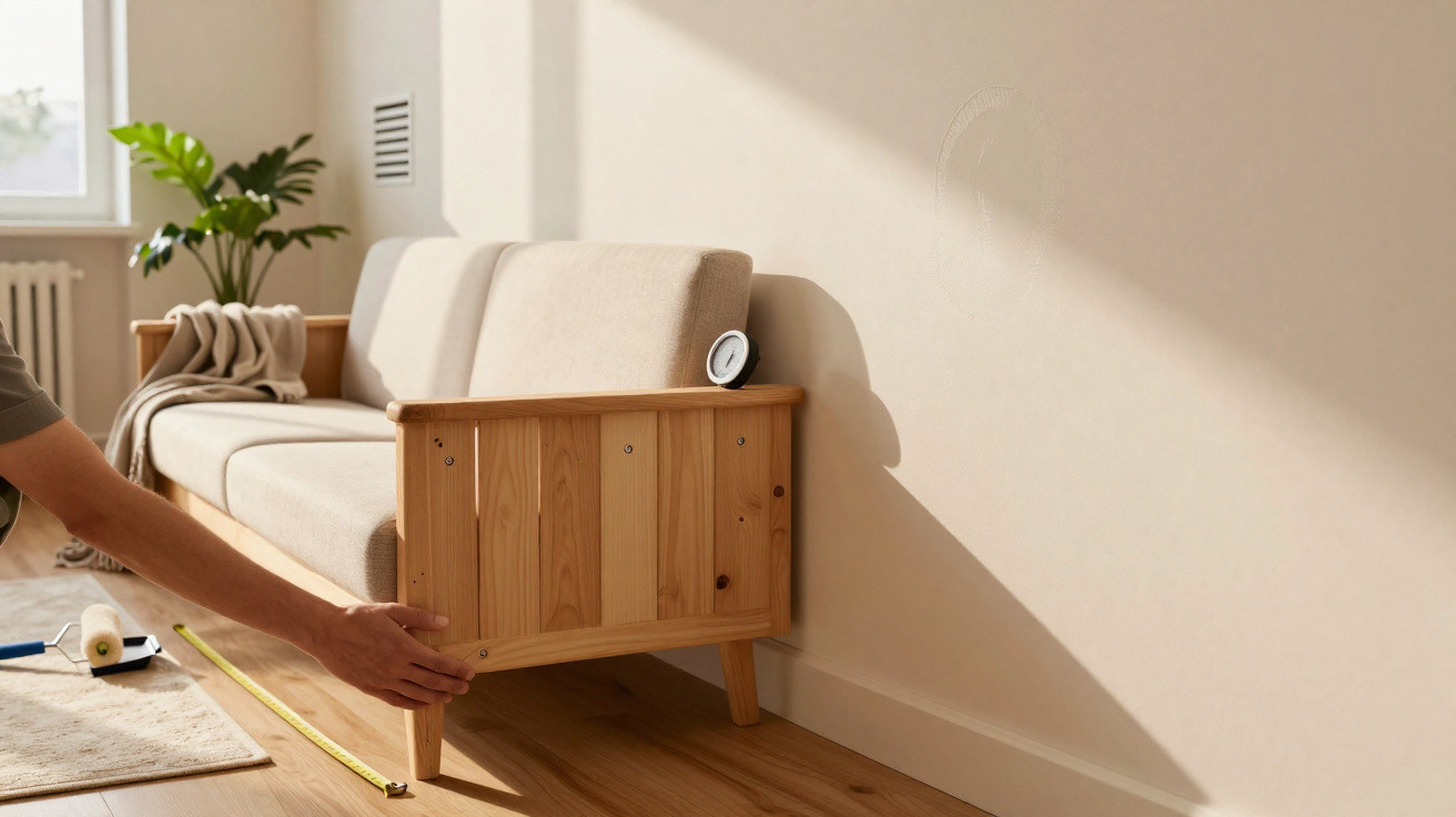 Person assembling light wooden framed beige sofa in sunlit room with cream walls and wooden floorboards