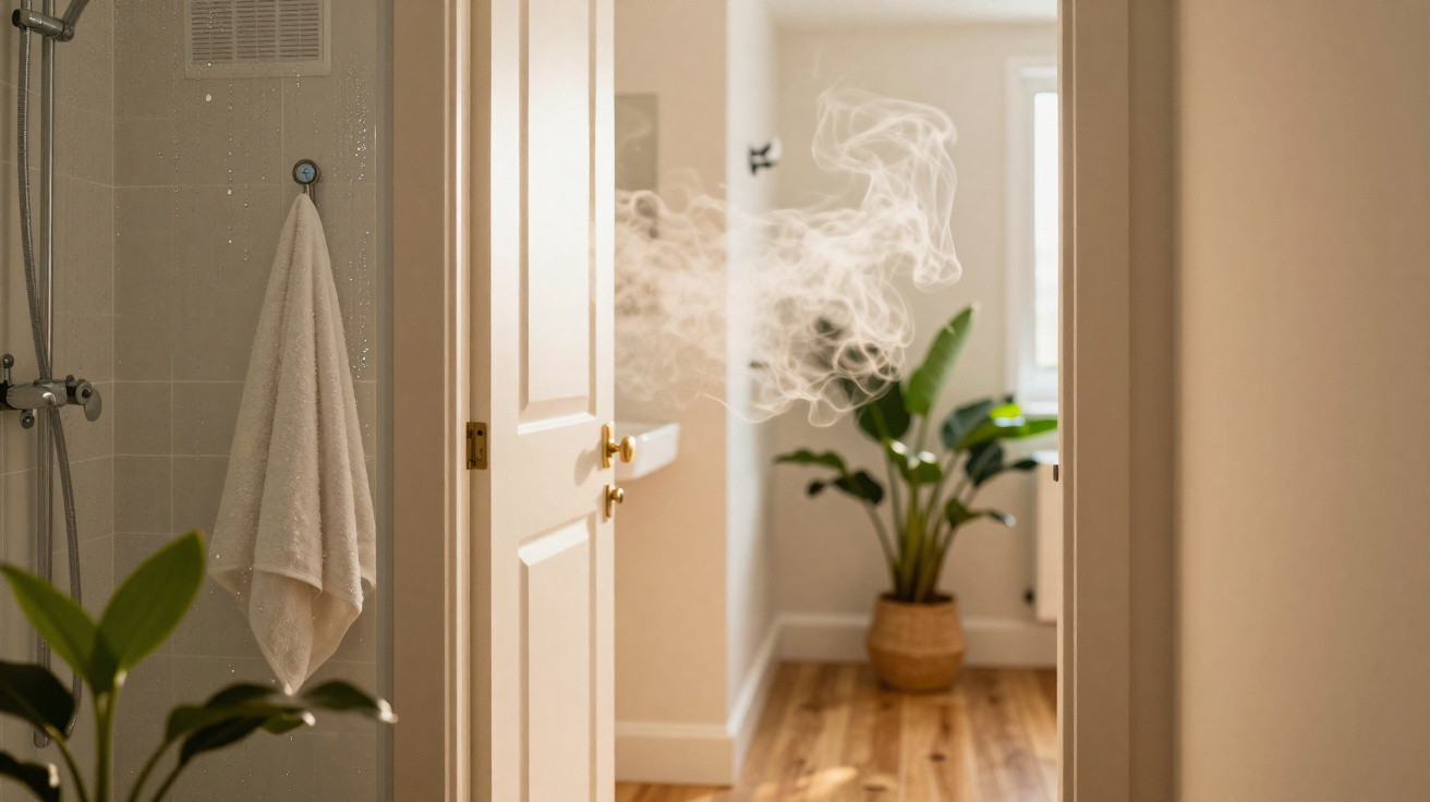 Steam rising from a bathroom with a white towel hanging and a potted plant visible through an open door.