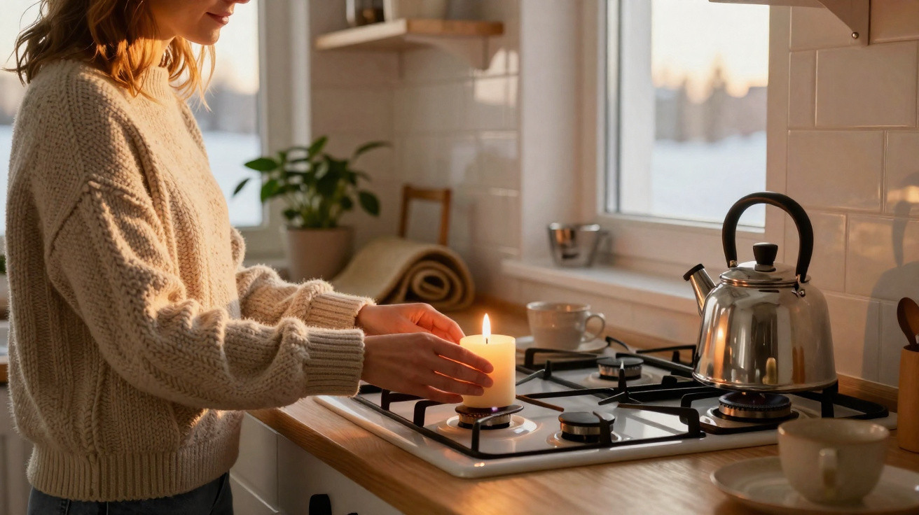 Person lighting a candle on a gas stove in a cosy kitchen with a kettle and mugs nearby at sunset.