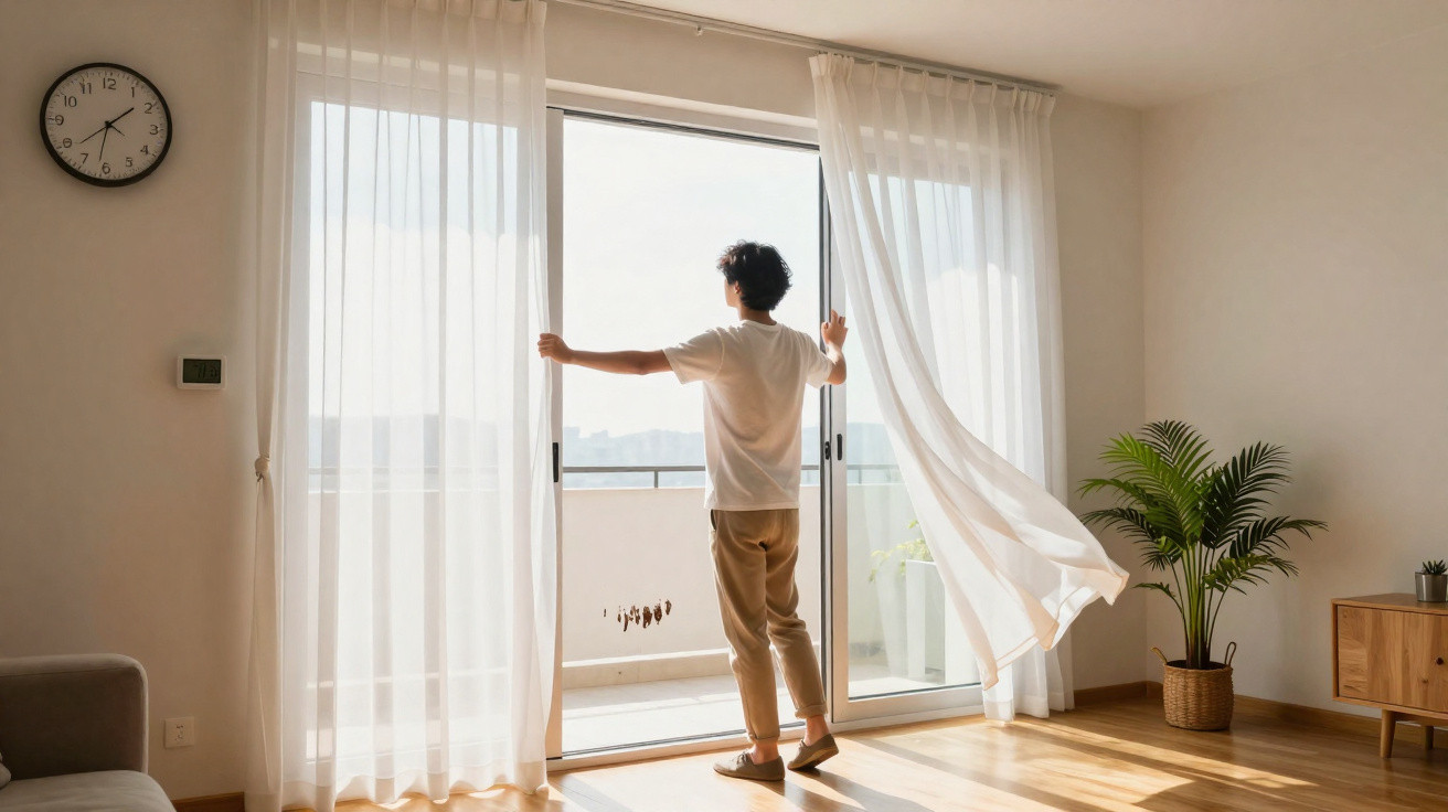 Person opening sheer curtains on a sliding glass door to a sunlit balcony with indoor plants.