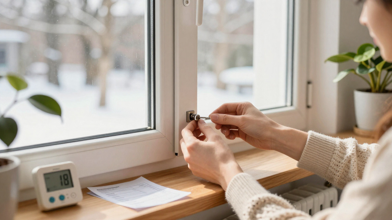 Person locking a white window indoors with snow visible outside and a digital thermometer showing 18°C on the sill