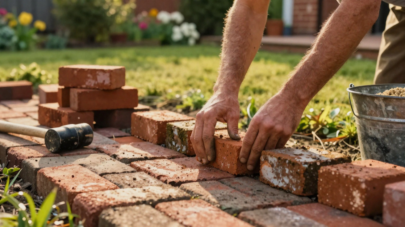 Hands laying red bricks to build a garden wall with a rubber mallet and a bucket nearby in daylight.