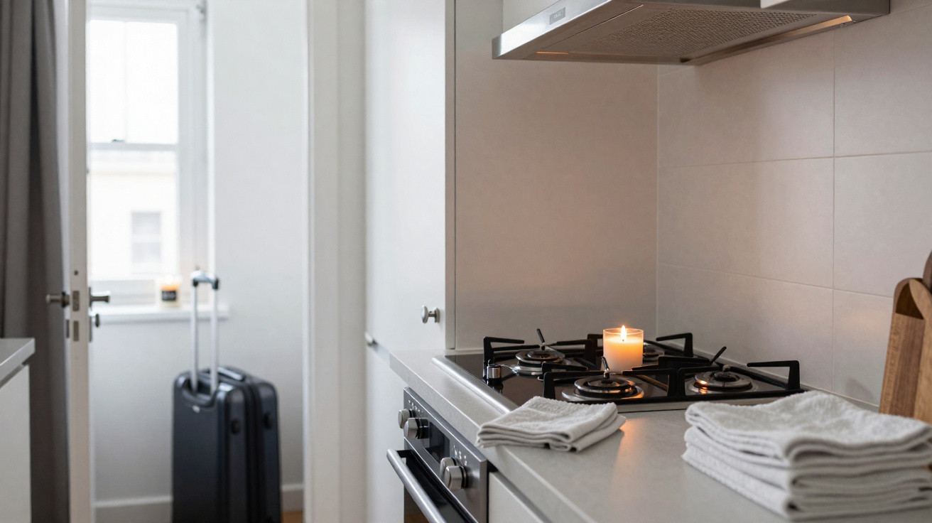 Modern kitchen countertop with folded towels, lit candle on stove, and suitcase near a window in the background.