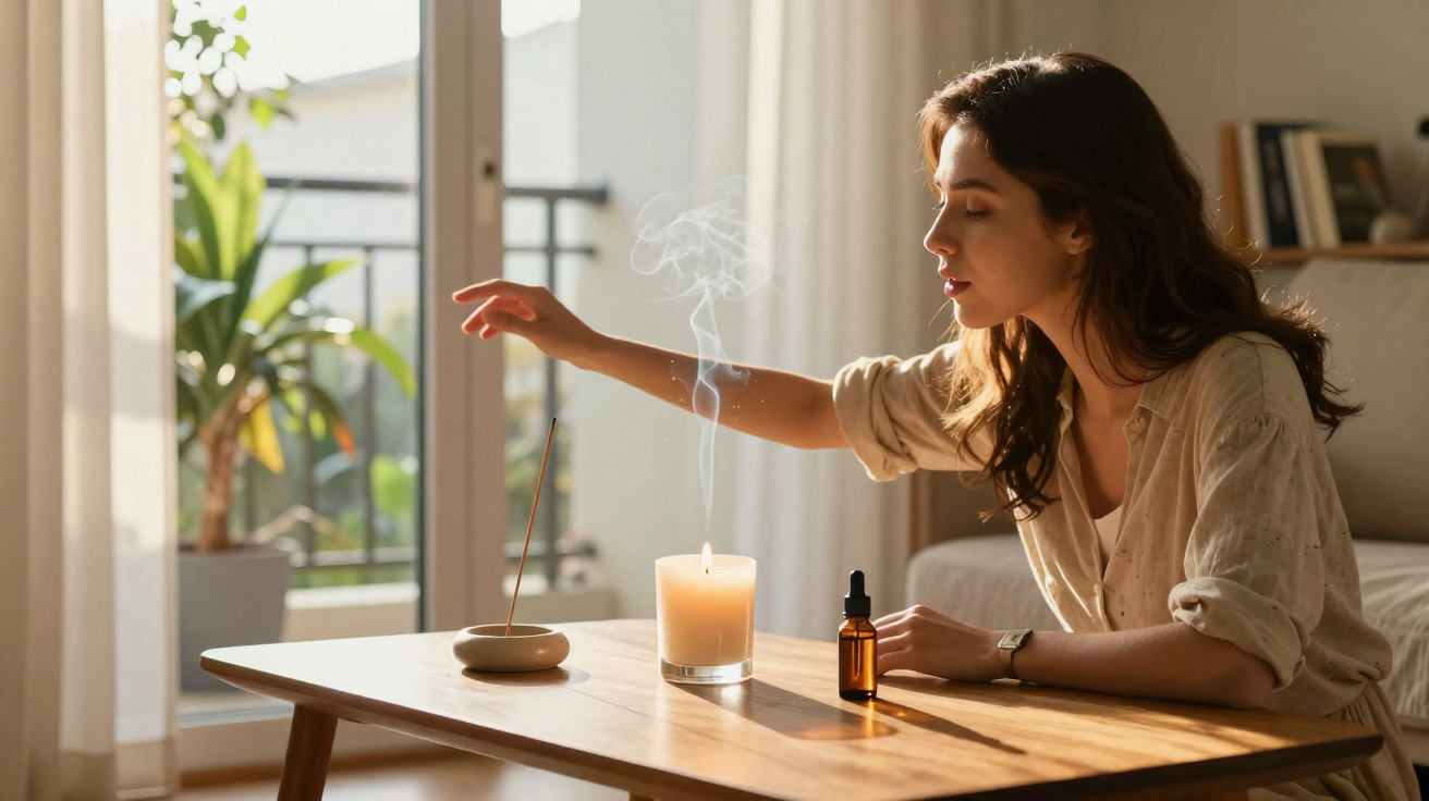 Woman lighting incense stick beside a burning candle on a wooden table in a sunlit room