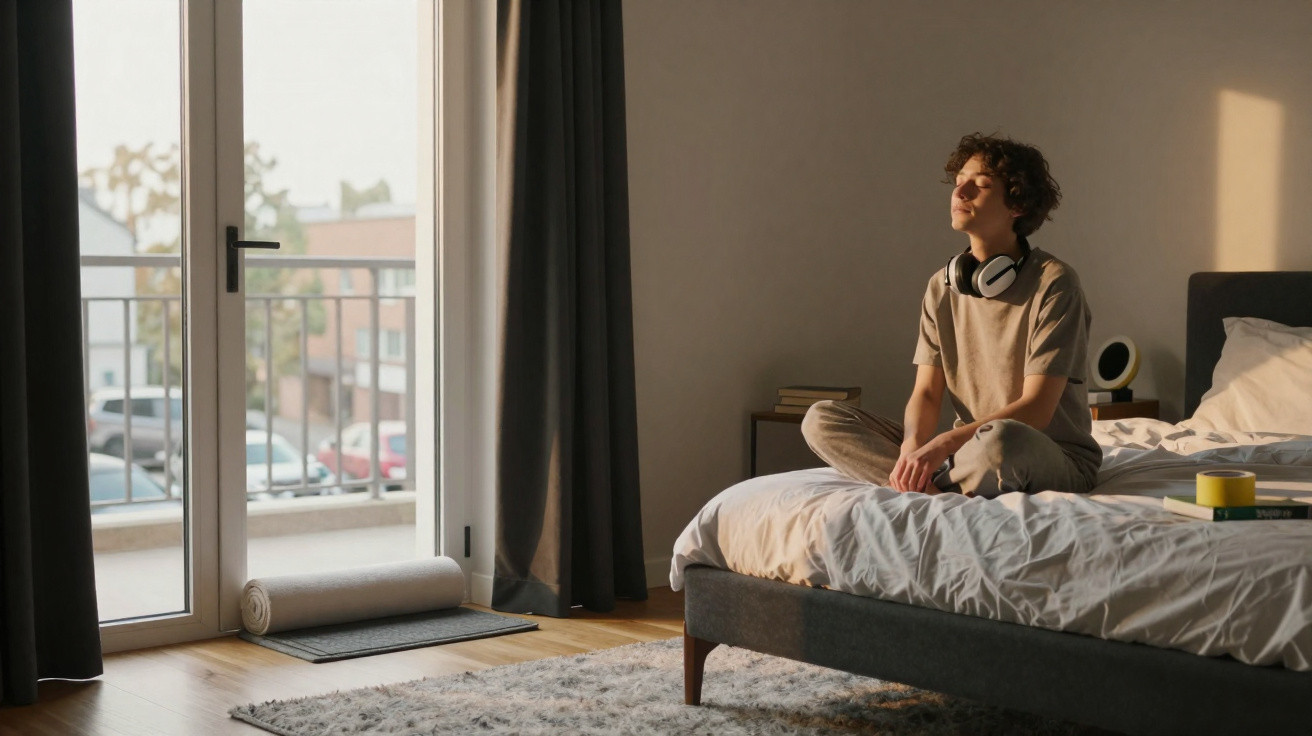 Young person with headphones sitting cross-legged on a bed, enjoying sunlight from a balcony door.