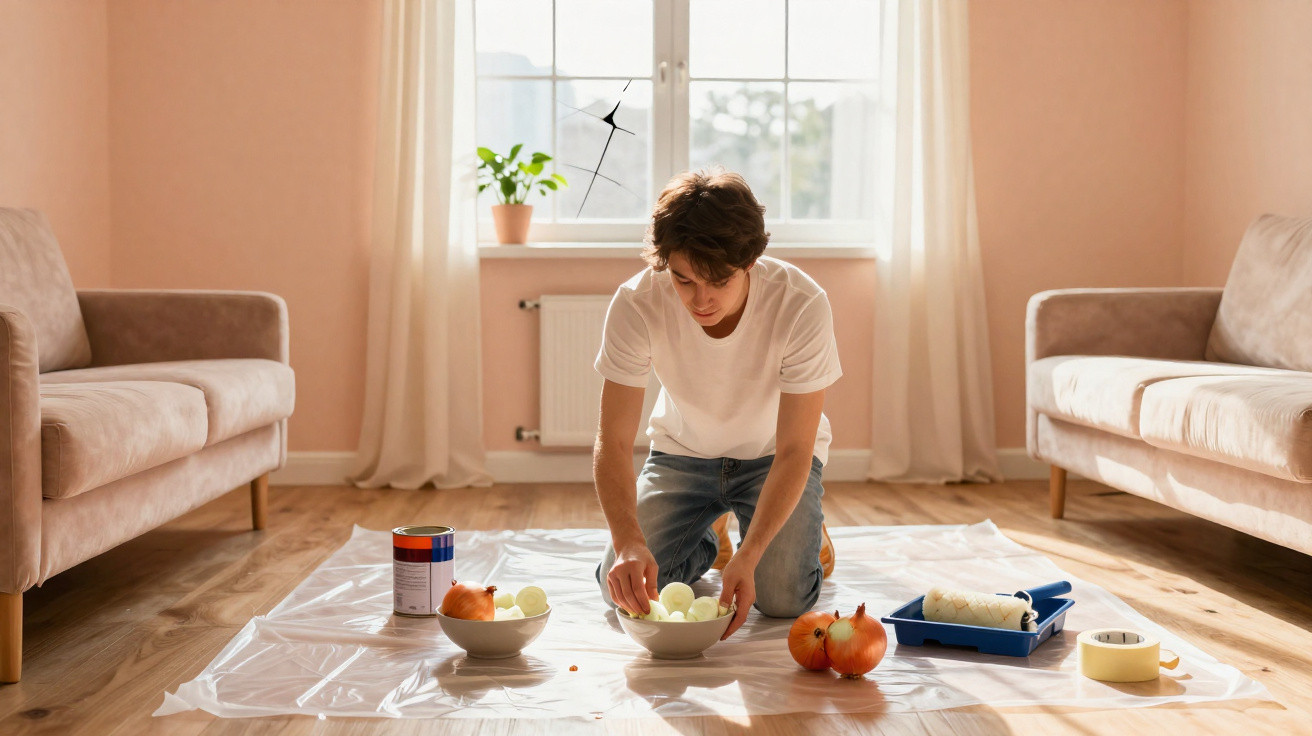 Young man kneeling on plastic sheeting arranging white ping pong balls in a bowl in a living room.