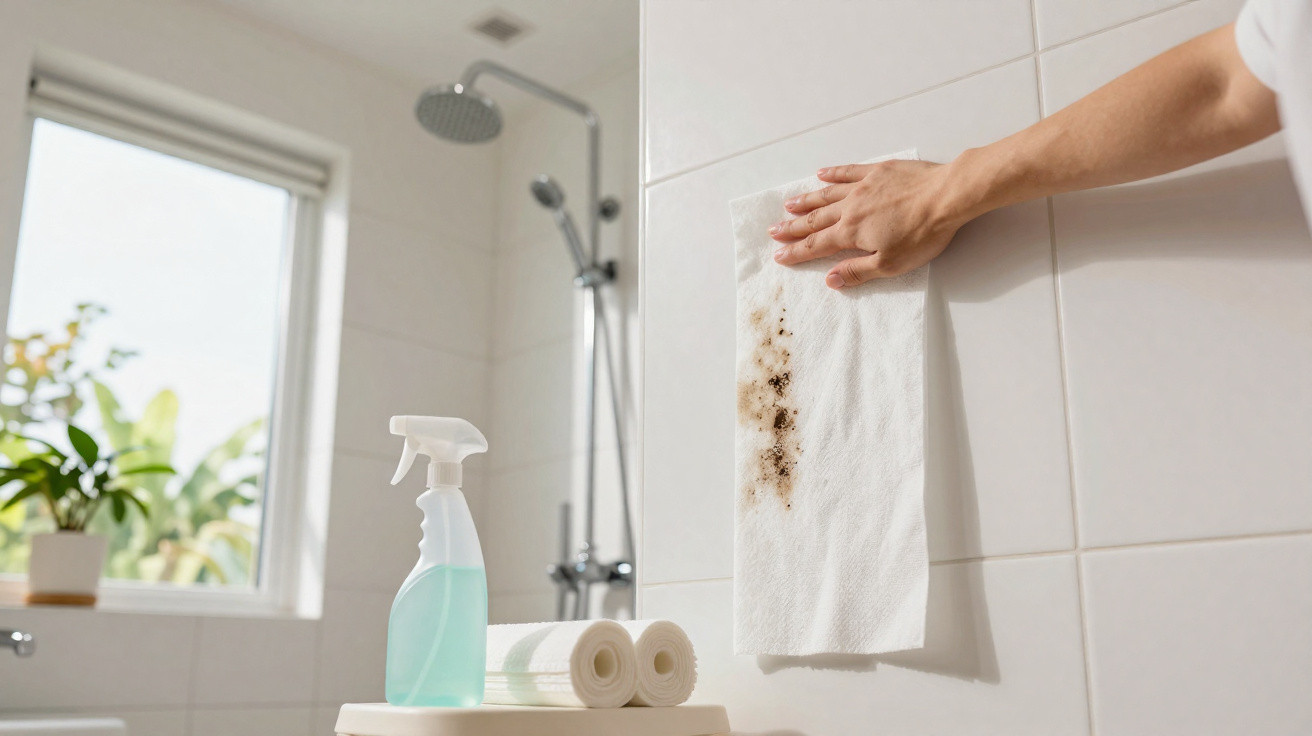 Hand wiping mould stains off white bathroom tiles with a cloth, spray bottle and towels nearby.