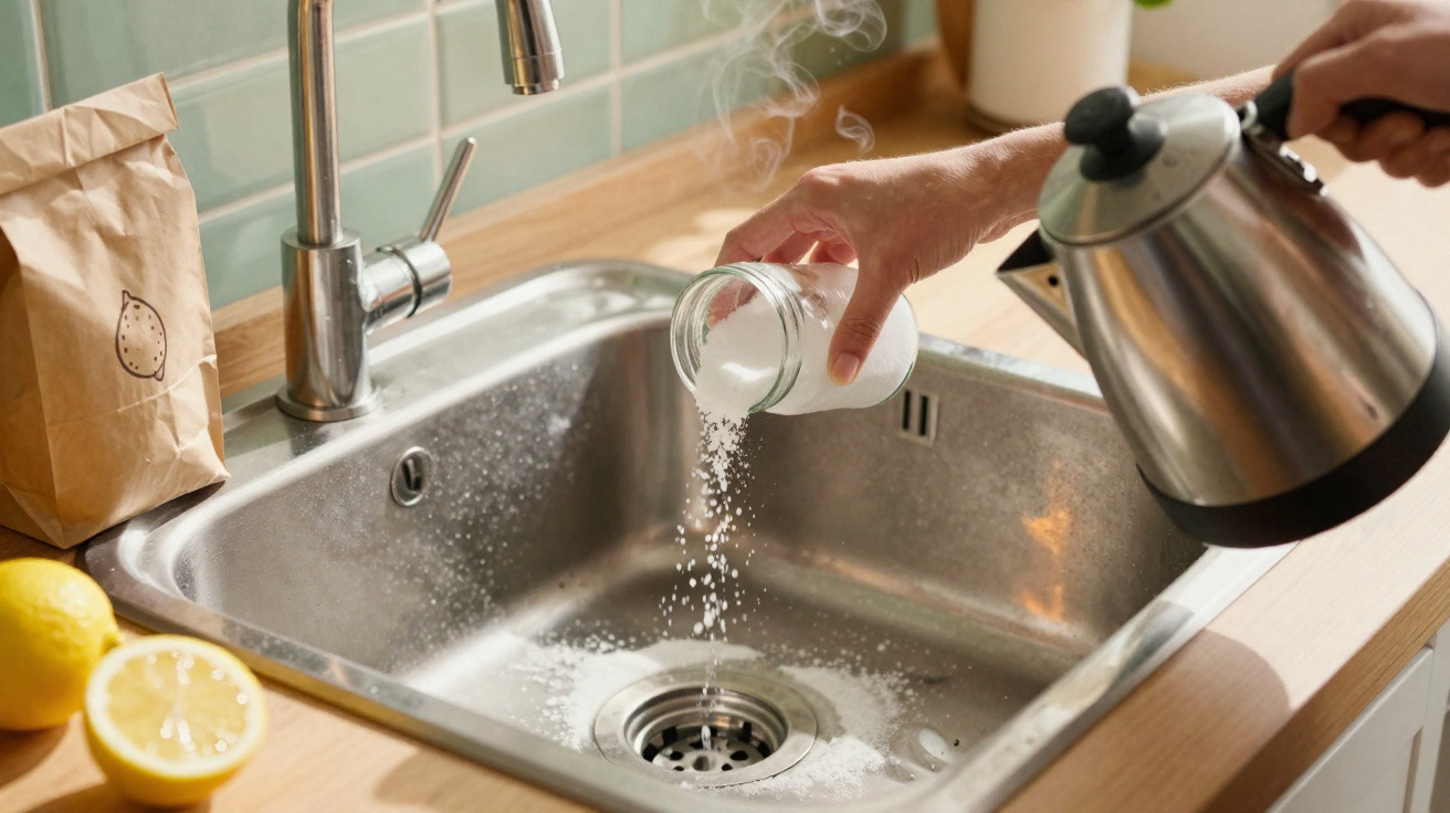 Hand pouring baking soda into kitchen sink drain while pouring steaming hot water from kettle.