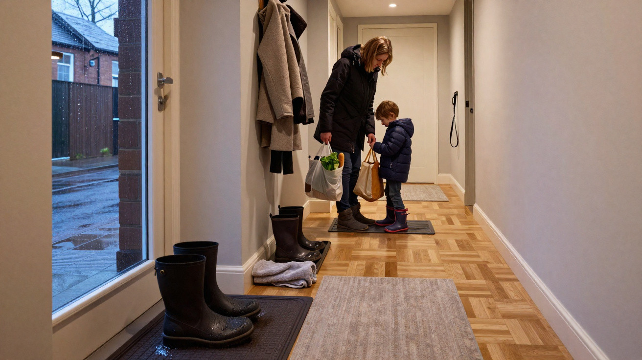 Woman and child in raincoats and wellies in hallway with grocery bags on rainy day outside.