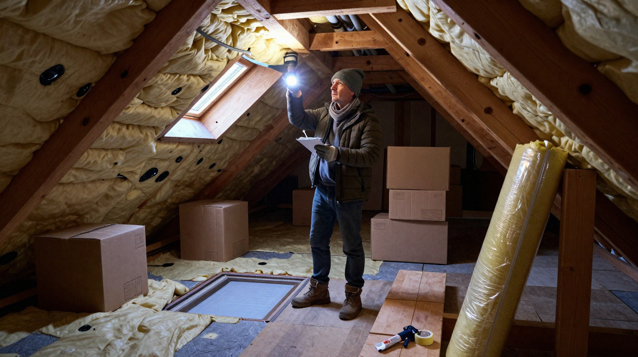 Man inspecting insulation in a loft with cardboard boxes and renovation materials around.