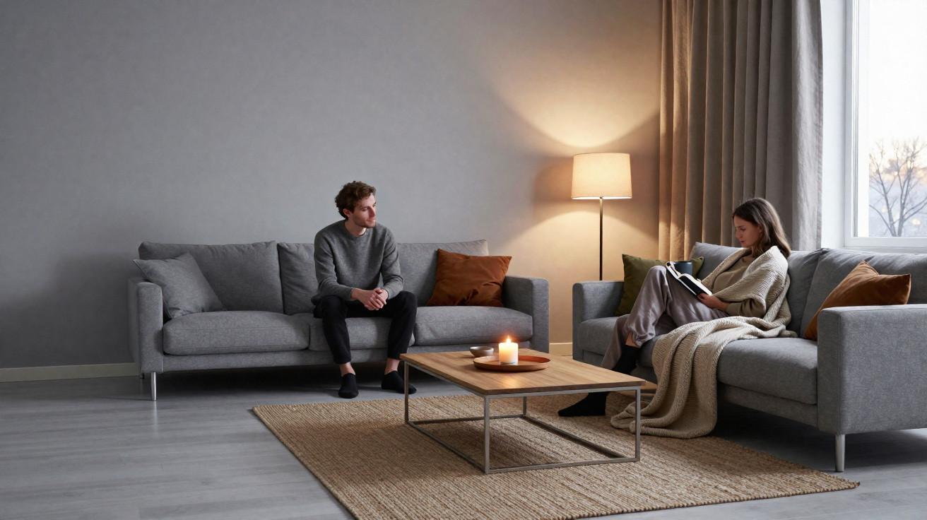 Man and woman sitting on separate grey sofas in a cosy living room with a lit candle and floor lamp.