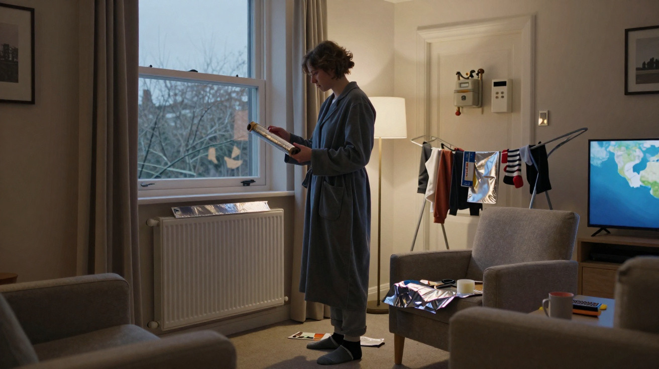 Person in a robe reading by a window in a dimly lit living room with clothes drying on a rack and a TV on.
