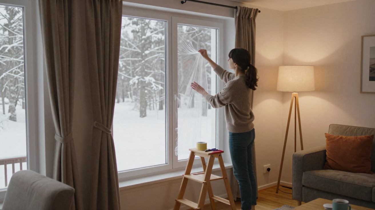 Woman applying plastic film on a large window in a cozy living room during winter.