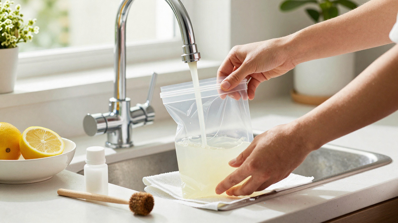 Hands filling a resealable plastic bag with liquid under a kitchen tap over a sink.