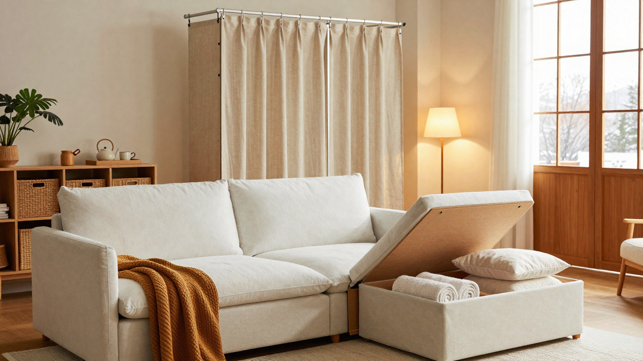 Beige storage sofa with lifted section showing towels and cushions in a cozy, warmly lit living room.