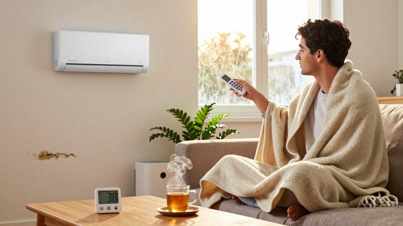 Man wrapped in a blanket using a remote to adjust the air conditioner while sitting on a sofa next to a steaming cup of tea.