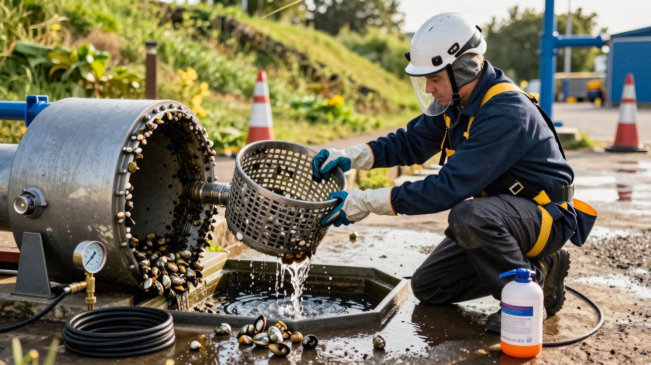 Person in protective gear emptying wet basket of mussels near industrial cleaning machine outdoors.