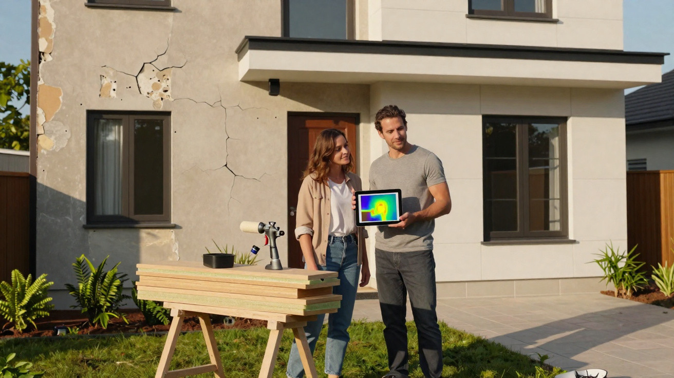 Couple standing outside a damaged house examining a thermal imaging scan on a tablet in the garden.