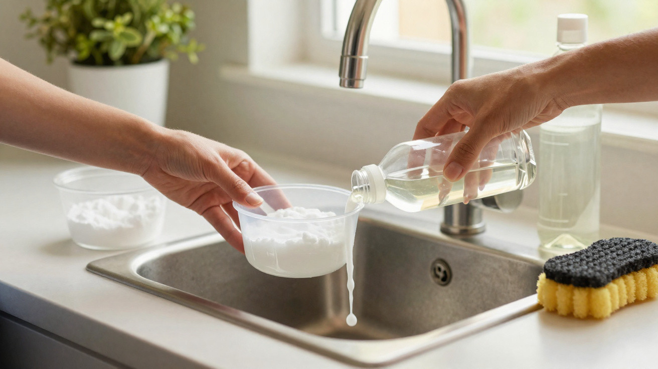 Hands mixing vinegar and baking soda in a bowl above a kitchen sink with a yellow sponge nearby.