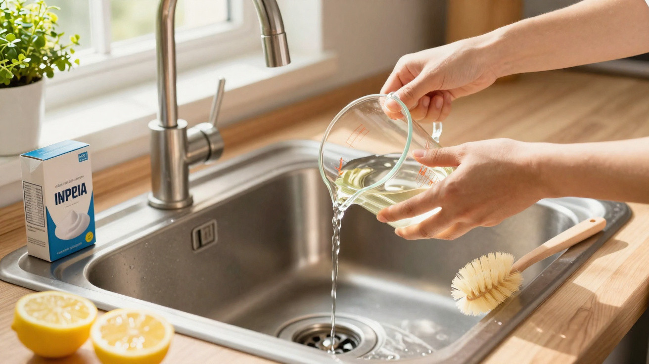 Person pouring liquid from a glass measuring cup into a stainless steel kitchen sink next to a lemon and dish brush.