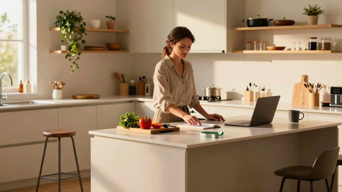 Woman standing in a modern kitchen reading notes with a laptop and fresh vegetables on the island counter.