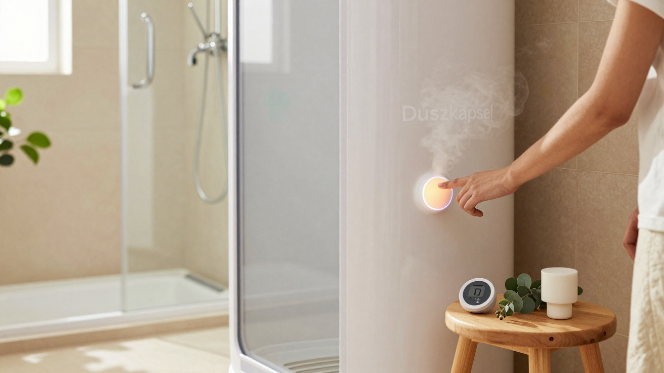 Person activating a glowing round shower capsule emitting steam in a modern bathroom.