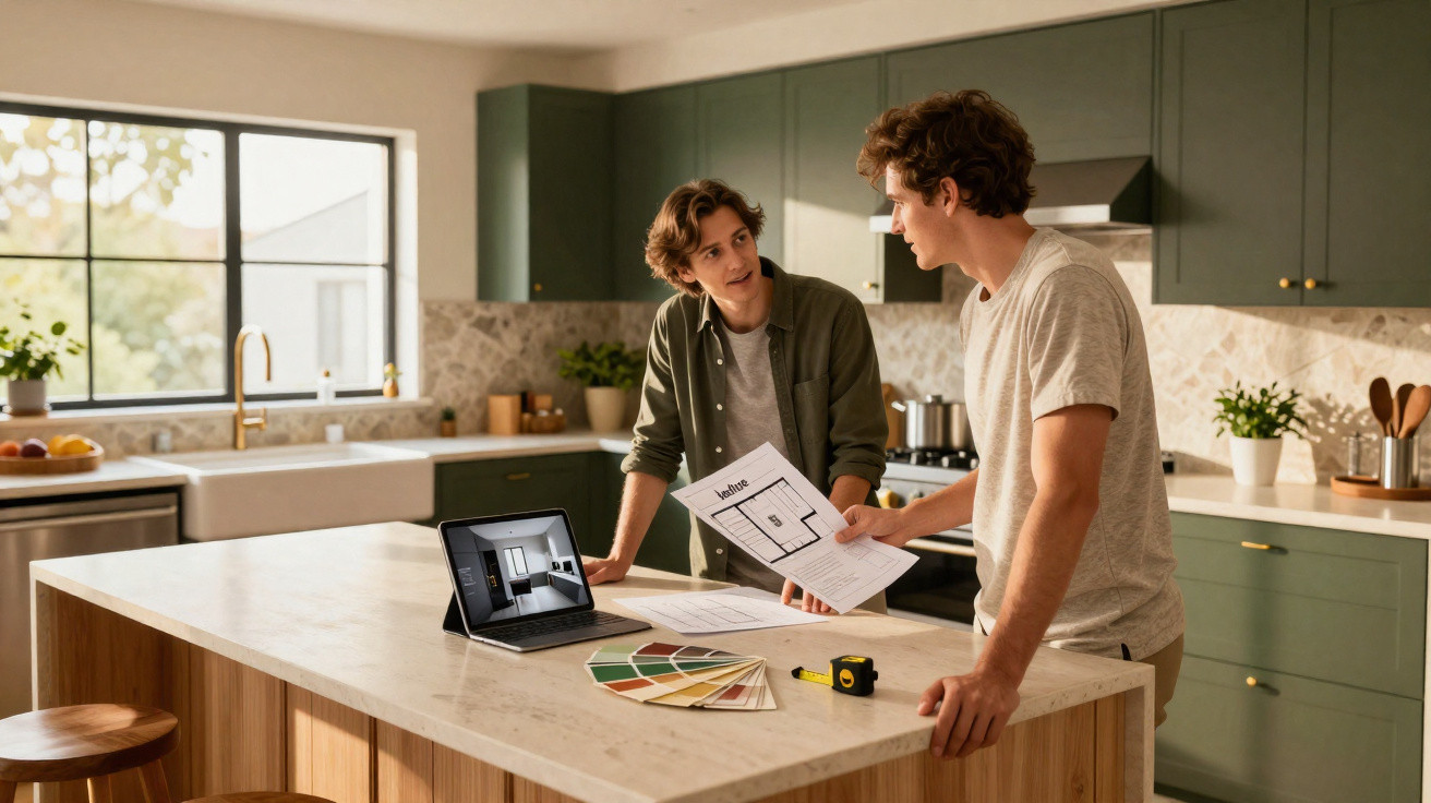 Two men discussing home renovation plans at a kitchen island with colour swatches and floor plans.