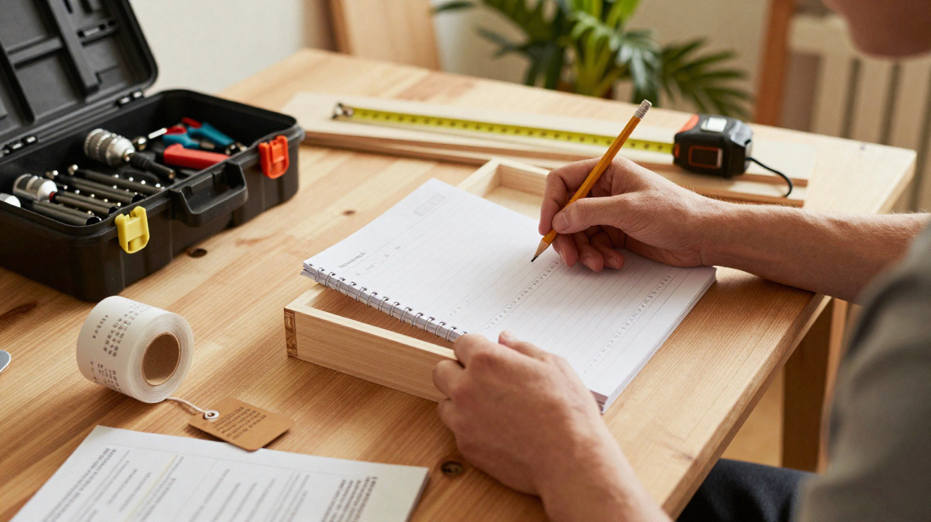 Person writing in a notebook on a wooden desk with tools, tape measure, and documents nearby.