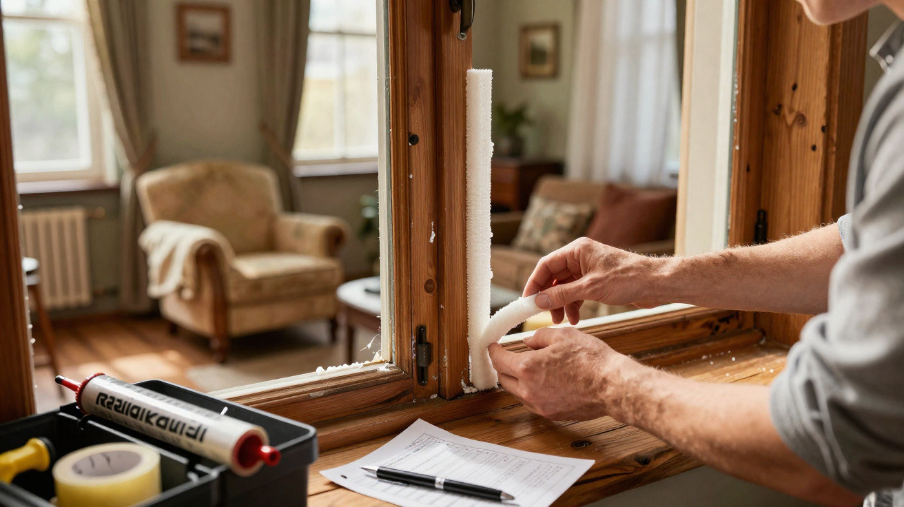 Person installing foam weatherstripping on a wooden window frame inside a cosy living room.