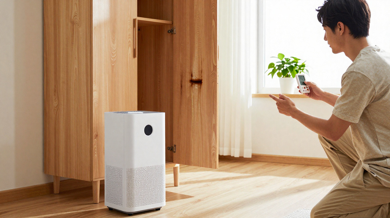 Man kneeling with remote next to white air purifier in a sunlit room with wooden cabinet and plant on windowsill.