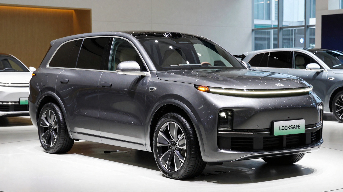 Grey electric SUV displayed indoors with modern design, aerodynamic shape, and alloy wheels.