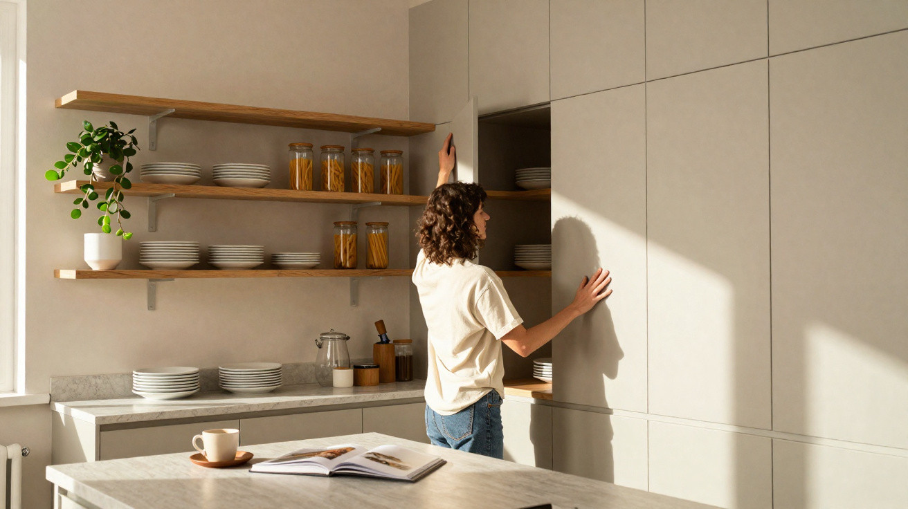 Woman reaching for a plate inside a tall kitchen cabinet in a modern, sunlit kitchen with open shelving.