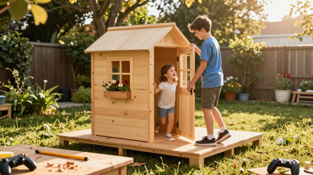 Young boy and girl playing in a wooden playhouse on a sunny day in a garden with greenery.