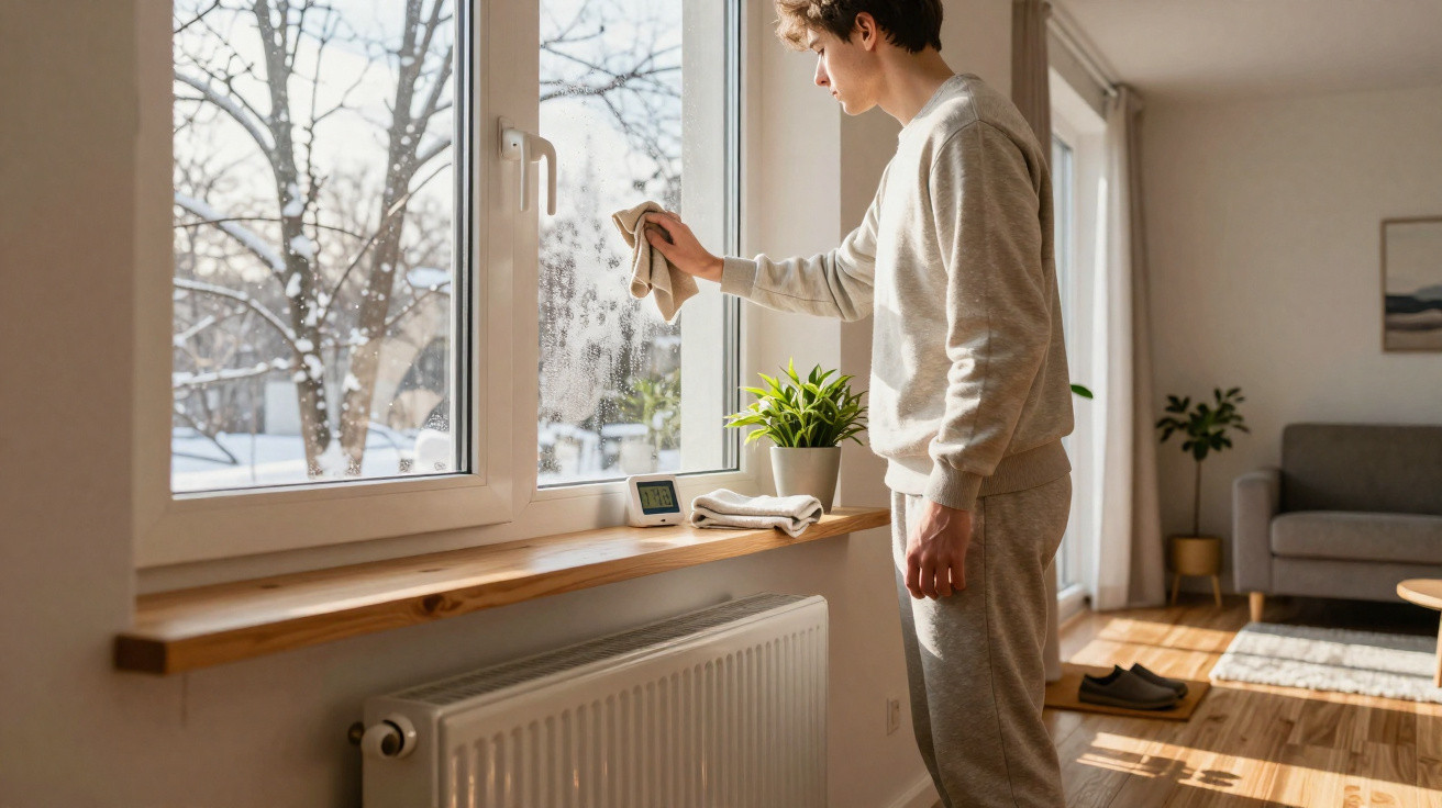 Young man wiping condensation from a window inside a sunny, cosy living room during winter.