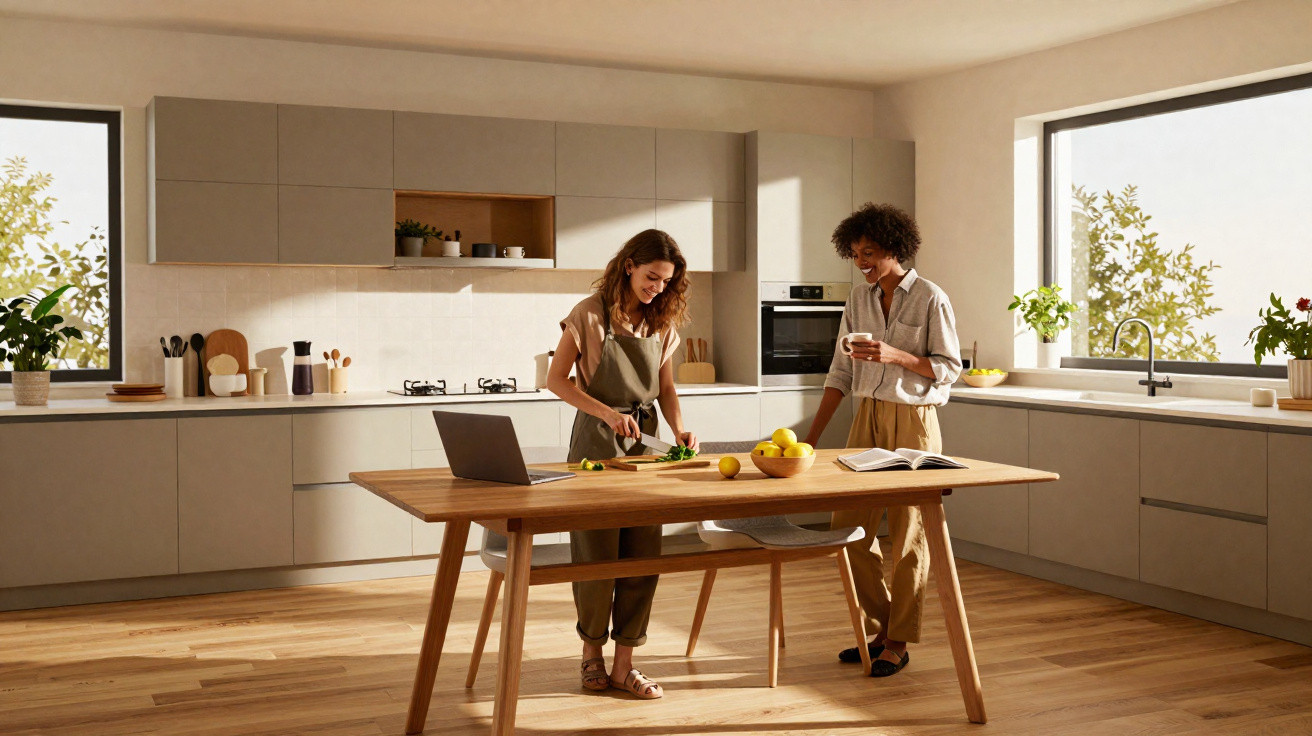 Two women preparing food and chatting in a bright, modern kitchen with wooden floors and large windows.