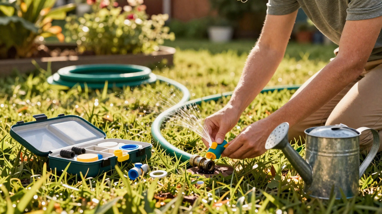Person adjusting a garden hose sprinkler in green grass with watering kit and metal watering can nearby.