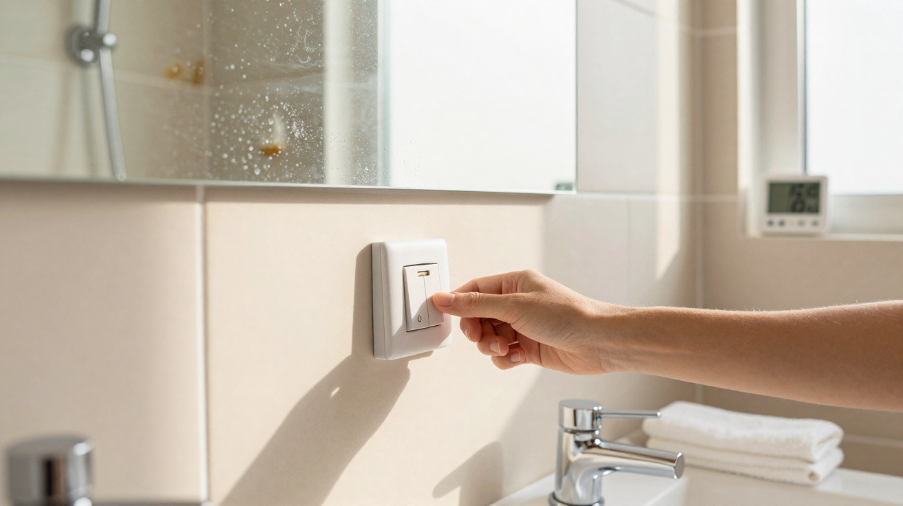 Hand reaching to switch on a light switch above a bathroom sink with mirror and folded towels nearby.