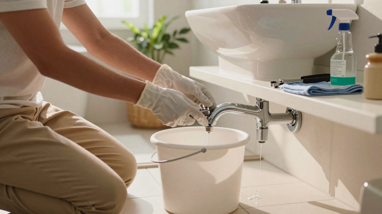 Person wearing gloves collecting water from a bathroom sink tap into a white bucket.