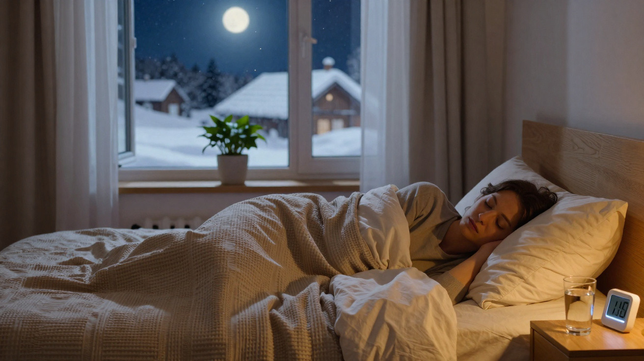 Woman sleeping peacefully in bed at night, with moonlight and snowy houses visible through the window.